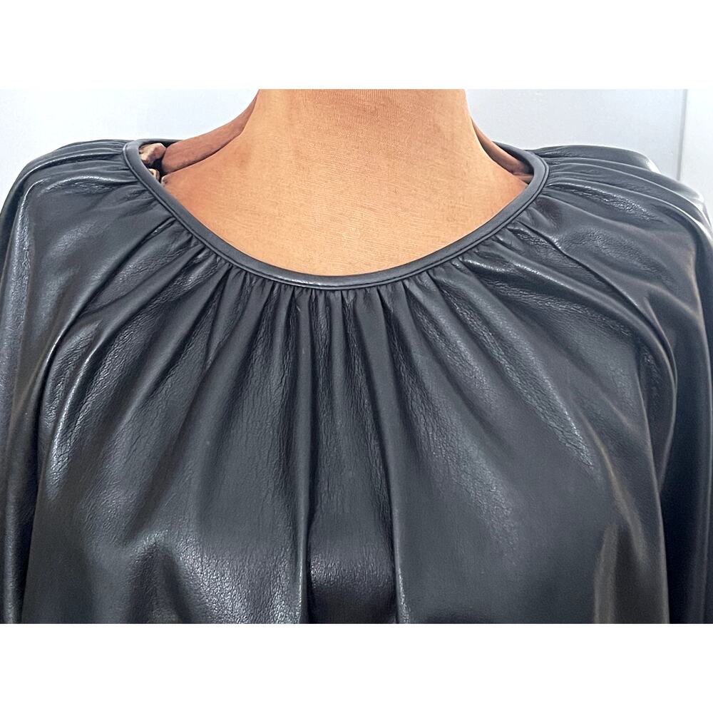 Aritzia Wilfred Sz M Bica Blouse Top Black Faux Leather Edgy Peasant Boho - Picture 6 of 15